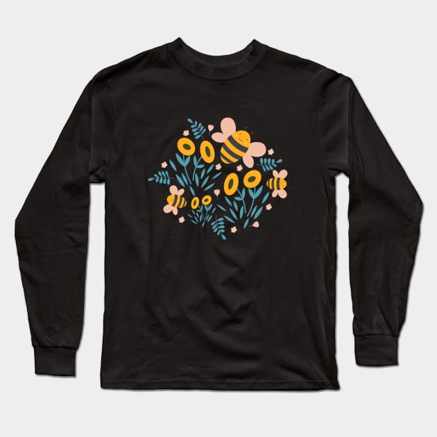 Cute Bee and Flowers Long Sleeve T-Shirt by novaya